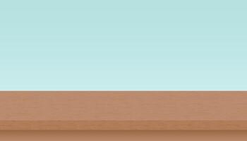 Wooden texture table, shelf isolated on blue background. Wooden surface of brown desk. Place for advertisement. vector