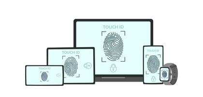 Technology concept banner. Set of gadgets with touch id on the screen. Fingerprint scanning system. Biometric authentication. vector