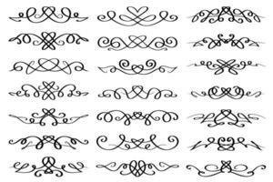 Line art abstract calligraphic design elements. Curved decorative borders with swirls and hearts. Collection of text dividers, abstract paragraph separators, luxury borders. vector