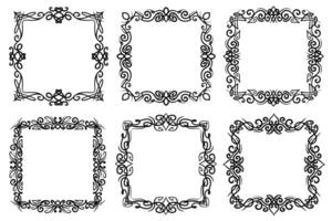Abstract vintage line art square frames. Flourish black linear ornate borders, copy space for images and text. vector