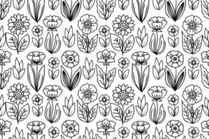 Line art hand drawn seamless floral pattern. Pattern with repeating flower drawings with black thin line on white background. vector