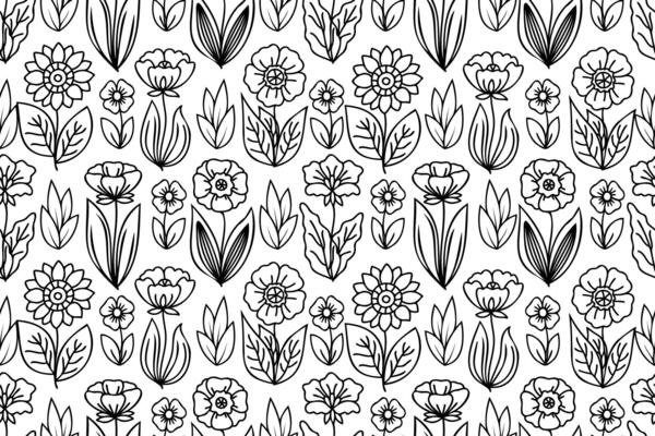 Line art hand drawn seamless floral pattern. Pattern with repeating flower drawings with black thin line on white background.