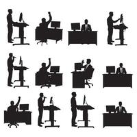 Silhouettes of Office Workers at Desks and Standing Workstations Using Computers Speaking and Celebrating vector