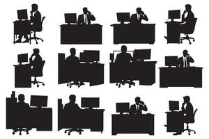 Business Professionals Working at Desks Using Computers and Phones in Office Environment Silhouette Set vector