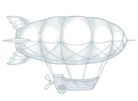 illustration of a Dirigible Airship in outline style with detailed hatching and line shading. Drawing of Zeppelin for retro adventure designs, children books or Baby shower invitations. vector