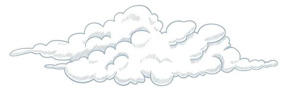 illustration of a large fluffy Cloud in outline style with linear hatching. Outline pastel blue drawing of mist for sky scenes or dreamy backgrounds. Engraved sketch of weather element. vector