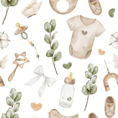Seamless watercolor pattern with Infant clothing, eucalyptus leaves, hearts, ribbons, and toys. Illustration of backdrop with bottle and pacifier for Baby shower design or childish wrapping paper