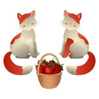Two white kittens with red spots and a basket of strawberries. illustration isolated on a white background. vector