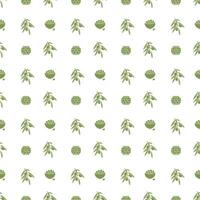 Olive branch, bowl and jar with olives. Seamless pattern. vector