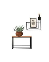 Minimalistic illustration of a small table with a succulent plant and a candle holder, with a letter inside, cozy aesthetic vector