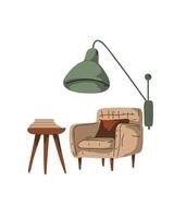 Illustration of a cozy reading nook with an armchair, floor lamp, and small side table in a minimalist style vector