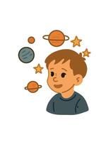 boy and surrounding planets, visualization of space imagination vector