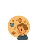 child with imagined universe, interest in astronomy and planets vector