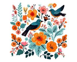 The square pattern of colorful painting with floral and birds motif vector