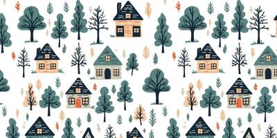 Seamless pattern with a fairy tale country houses and trees vector