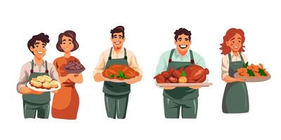 The set of a smiling people with a platter of treats on a white background vector