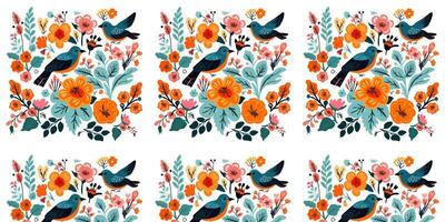 The seamless pattern of colorful painting with floral and birds motif vector