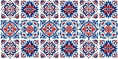 Moroccan ceramic tile pattern. Spanish patchwork patterns, Portuguese background in contrasting red and blue colors. Azulejo vector