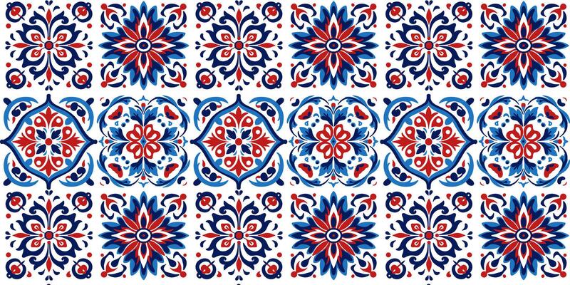 Moroccan ceramic tile pattern. Spanish patchwork patterns, Portuguese background in contrasting red and blue colors. Azulejo