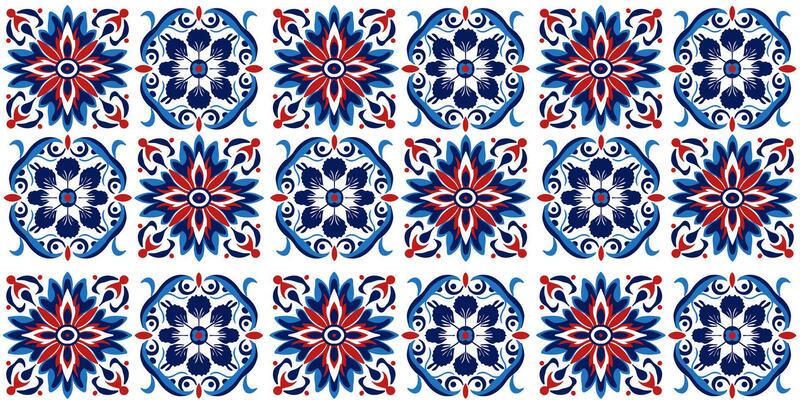 Seamless pattern of rhombus - round texture ornament stylized in red - blue tones