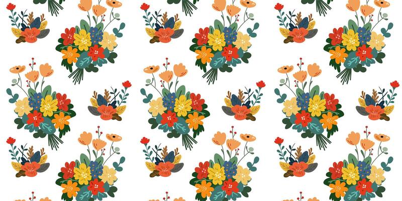 Seamless pattern of herbs and flowers bouqete in autumn tones