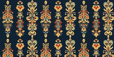 Golden decorative floral texture. Damask organic seamless pattern. print on blue background in retro style. vector