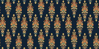 Beautiful damask golden decorative floral texture seamless pattern. print on blue background in retro style. vector