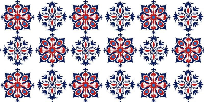 Vintage Azulejo tile pattern, Portuguese or Spanish retro old tile mosaic, Mediterranean seamless navy blue and red design