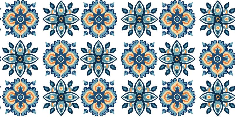 Seamless pattern in blue and beige paint tiles on a white background. Floor tile ornament.