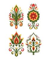 Set of oriental patterns in green, yellow and red colors, ethno or traditional elements on a white background vector