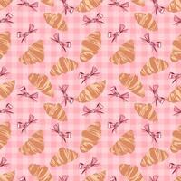 Seamless Pattern of Croissants and Bows on a Pink Checkered Background, Gingham vector