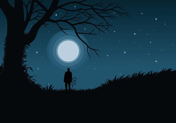 Night time illustration with full moon, stars, silhouette of a person and a tree