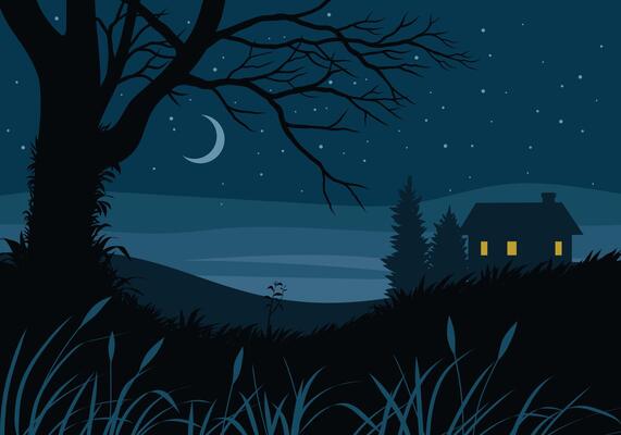 Countryside night time illustration with a house, crescent moon and stars