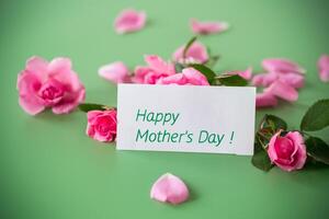 Branches of pink roses with gratitude on a green background photo