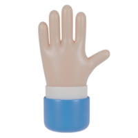 3D cartoon hand in blue sleeve raised in stop gesture on transparent background png