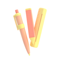 3D render of pen, eraser, and ruler on transparent background png