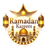 Ramadan Kareem Message with Mosque and Lantern Design png