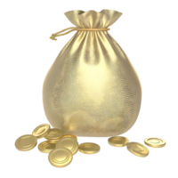 Gold Money Bag with Scattered Coins on transparent Surface png