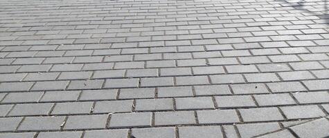 Cobblestone pavement in the city. Nested pavers of Grey colors. Grey brick background. Gray stone tile block background with horizontal texture of gray brick. Gray brick surface. photo