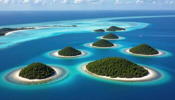 a chain of small islands in a turquoise sea, each covered in thick vegetation and ringed by white sand. photo
