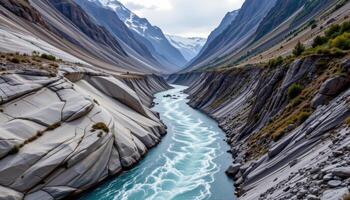 a glacial river rushing through a narrow gorge, carving smooth walls into ancient stone as snow melts upstream. photo