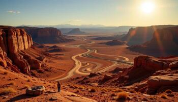 a lonely desert basin surrounded by mesas, where the earth glows with rusty red hues under the midday sun. photo