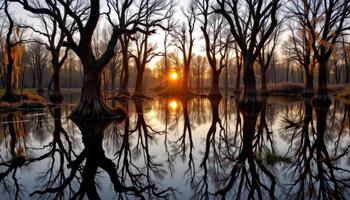 a quiet swamp at sunrise, with still black water, reflections of twisted trees, and moss hanging like lace. photo