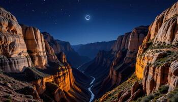 a canyon lit by moonlight, its rock faces shining pale and the stars visible overhead. photo