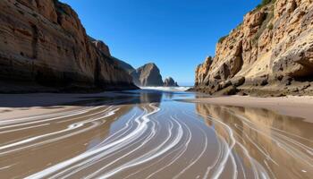 a tide swept cove where sea foam forms lace patterns on the wet sand beneath steep cliffs. photo