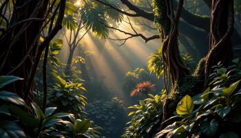 a dense jungle with thick vines, giant leaves, and shafts of golden light piercing the canopy to illuminate mist below. photo