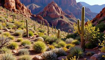 a canyon floor covered in desert flora, cacti, and rocky outcrops, glowing under midday heat. photo