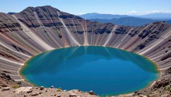 a crater lake nestled in the top of an extinct volcano, with clear turquoise water and steep rock walls. photo