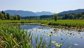 a peaceful wetland with lily covered ponds, reeds swaying, and forested hills rising beyond. photo