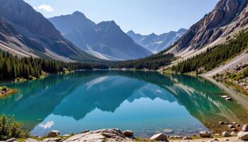 a remote mountain lake high above the tree line, with jagged peaks surrounding its crystal clear waters. photo